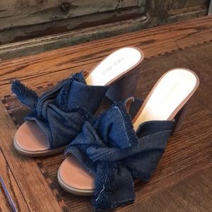 Dark Denim Bow Fringed Slides